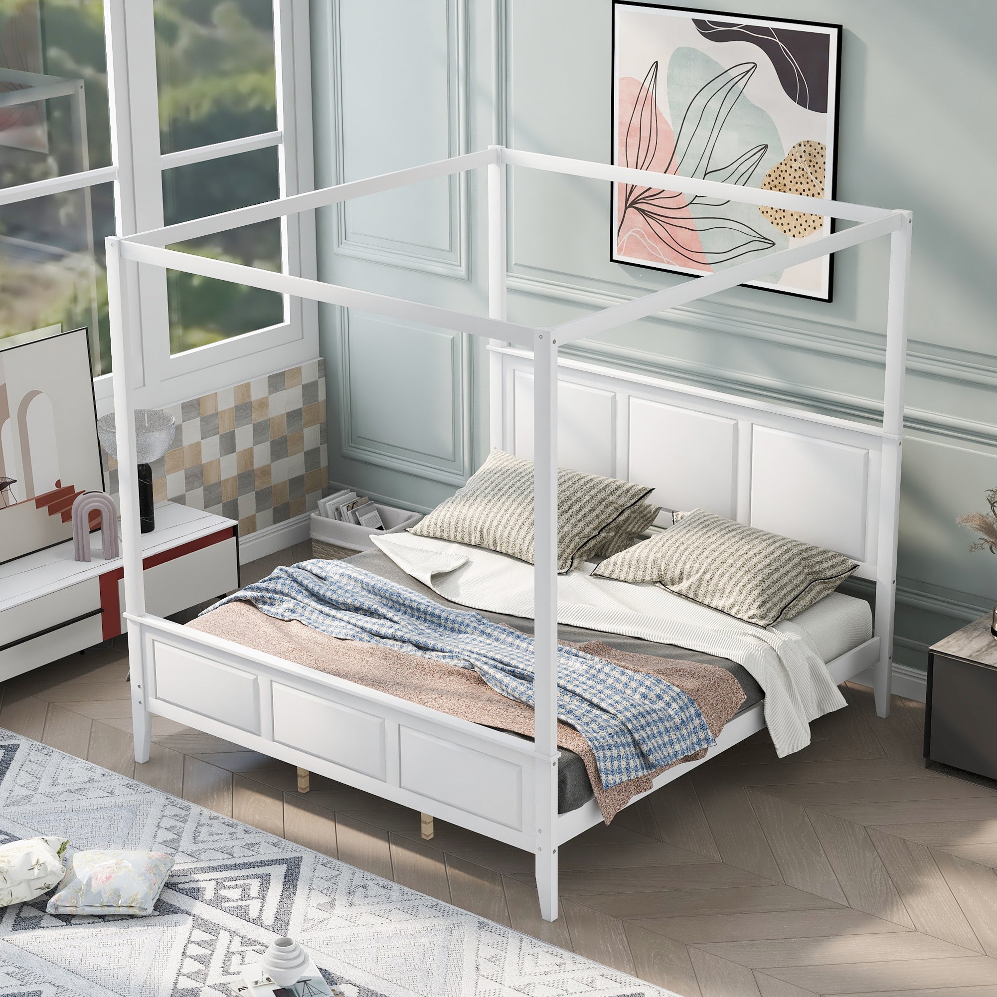 King Size Canopy Platform Bed with Headboard and Footboard,With Slat Support Leg, White - Atlantic Fine Furniture Melbourne FL