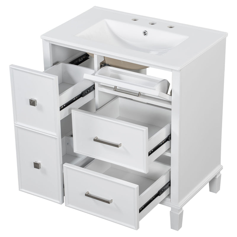 Bathroom Vanity With Ceramic Sink, Flip Out Drawer Design For Plumbing, Soft Close Drawers