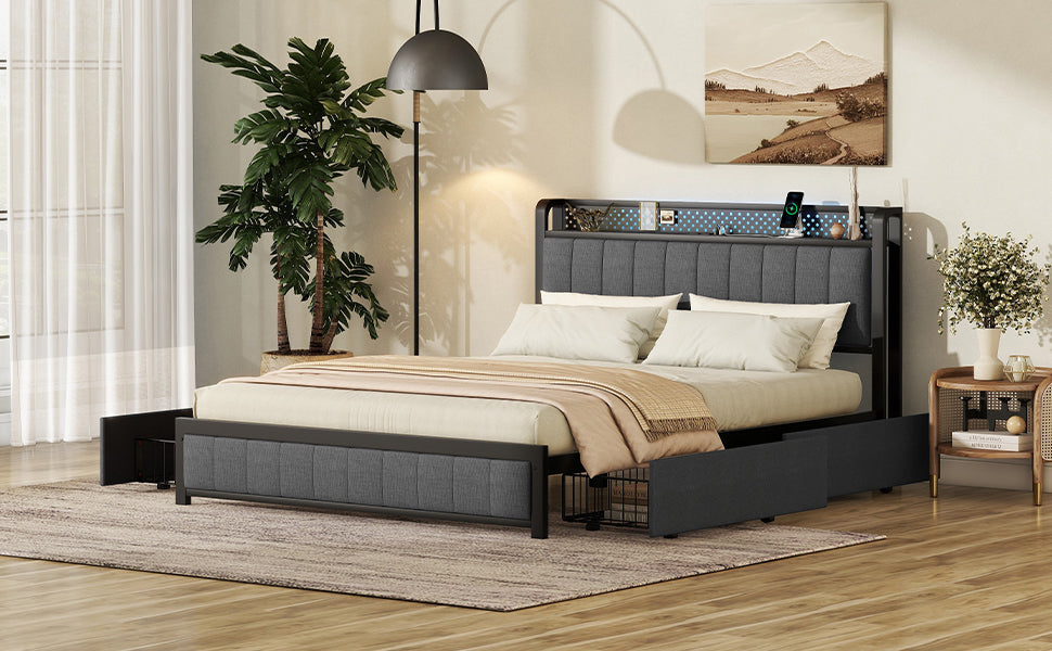 Queen Bed Frame with LED Headboard, Upholstered Bed with 4 Storage Drawers and USB Ports, Dark Grey - Atlantic Fine Furniture Melbourne FL
