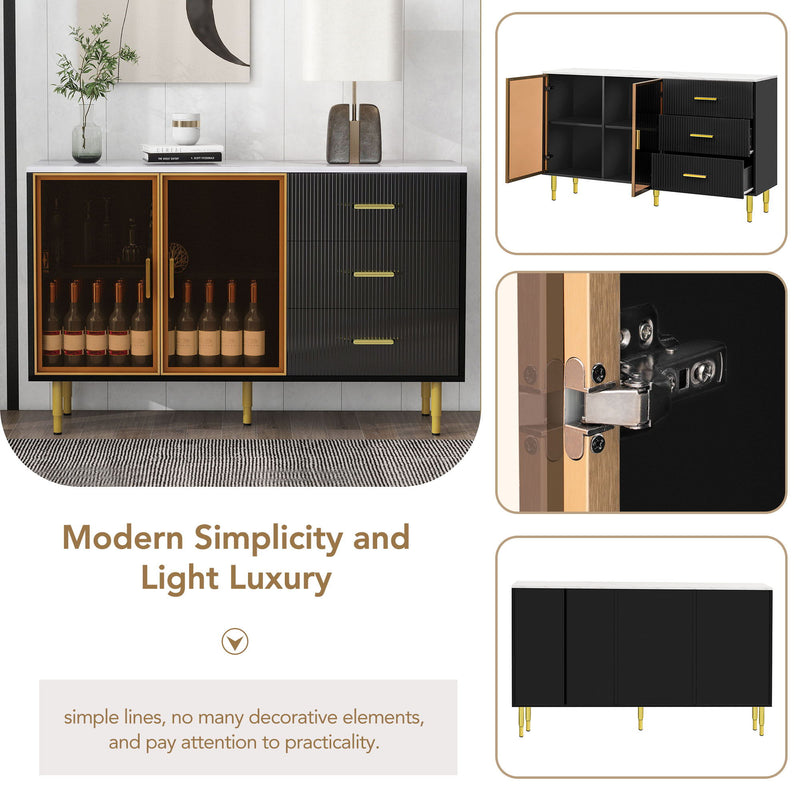 Modern Sideboard Buffet Cabinet Marble Sticker Tabletop And Amber-Yellow Tempered Glass Doors With Gold Metal Legs & Handles