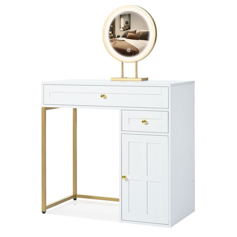 Makeup Vanity Desk With Lighted Mirror, Luxury Dressing Table With 2 Drawers And 1 Cabinet, 3 Lighting Modes Available For Bedroom - White / Gold