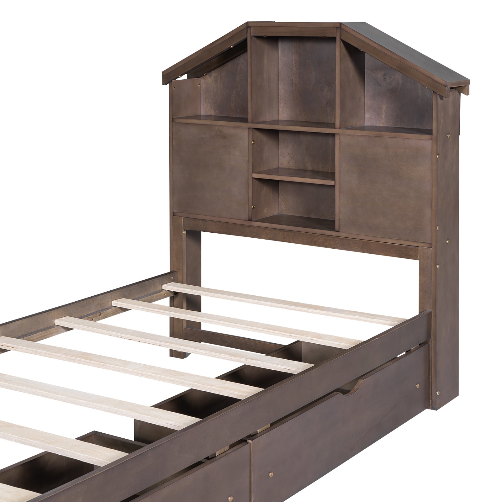 Twin Size Wood Platform Bed with House-shaped Storage Headboard and 2 Drawers, Walnut - Atlantic Fine Furniture Melbourne FL