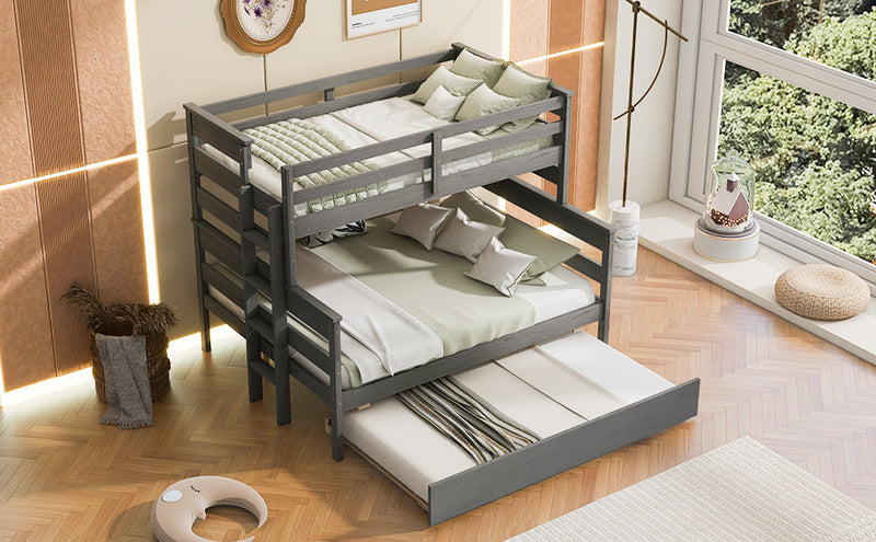 Wood Twin over Full Bunk Bed with Twin Size Trundle, Gray