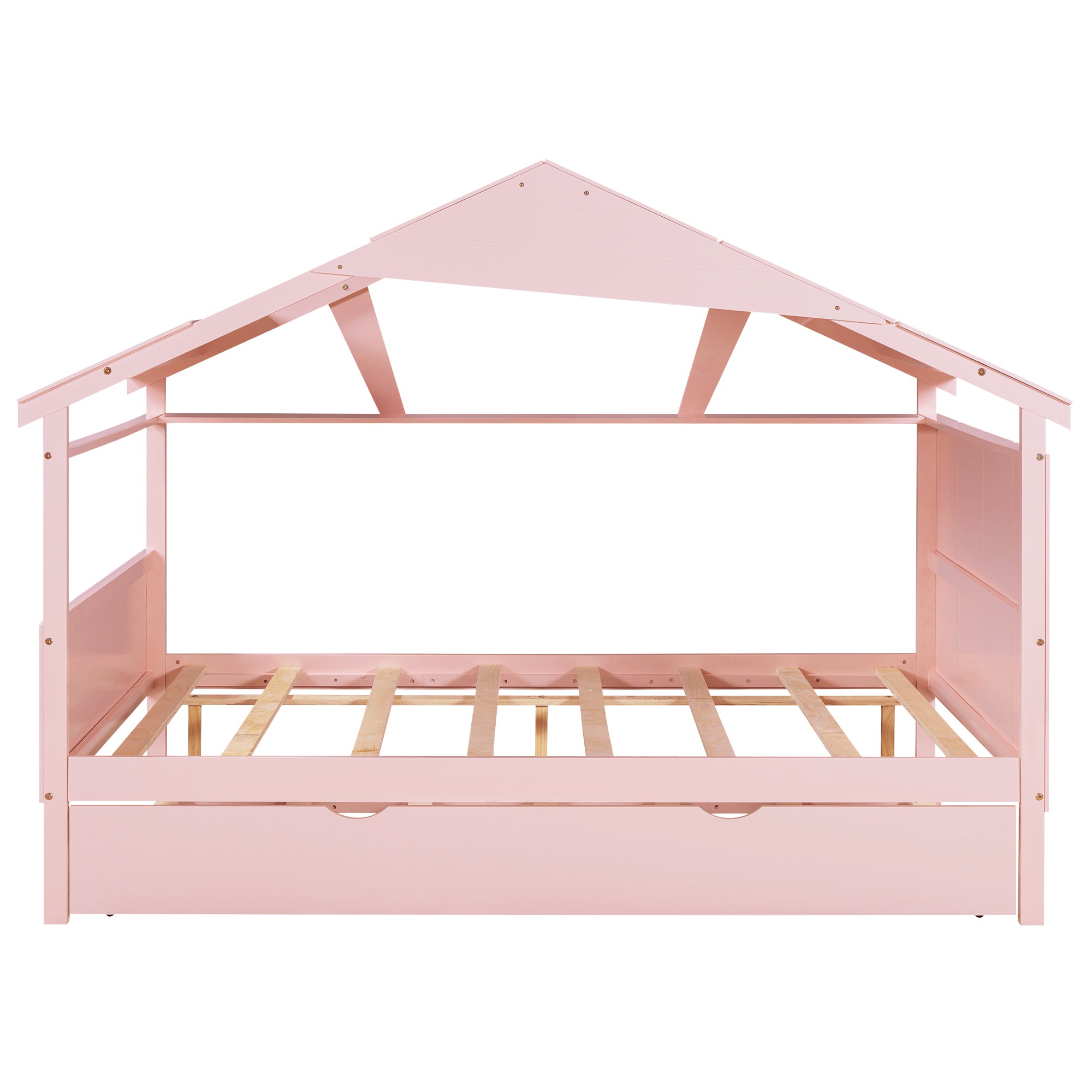 Wood Full Size House Bed with Twin Size Trundle and Storage, Pink - Atlantic Fine Furniture Melbourne FL
