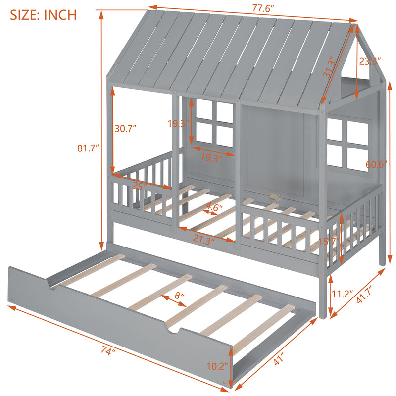 Twin Size Wood House Bed With Twin Size Trundle, Wooden Daybed, Gray