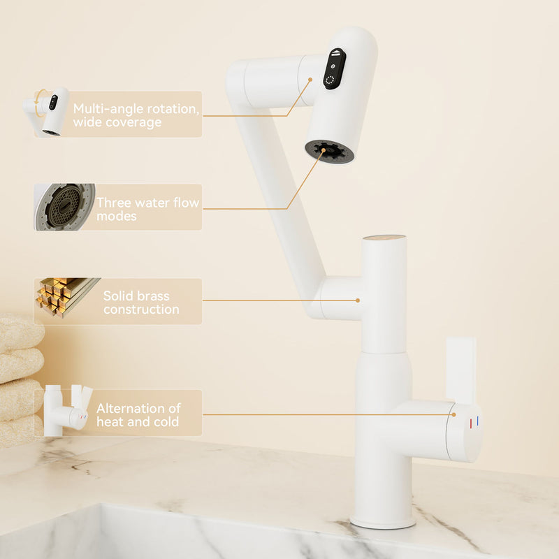 Modern Bathroom Sink Faucet With Spray Function, Temperature Display, Anti Skid Switch, Brass - White