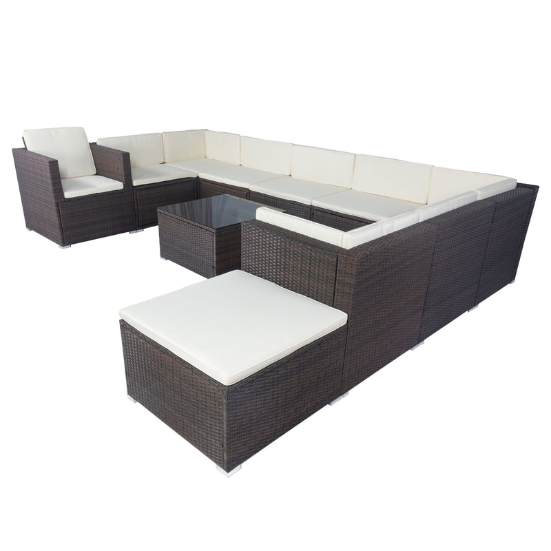 11 Piece Patio Wicker Conversation Set, 10 Seater Patio Sectional Set With 3 Storage Box Under Seat - Brown / White