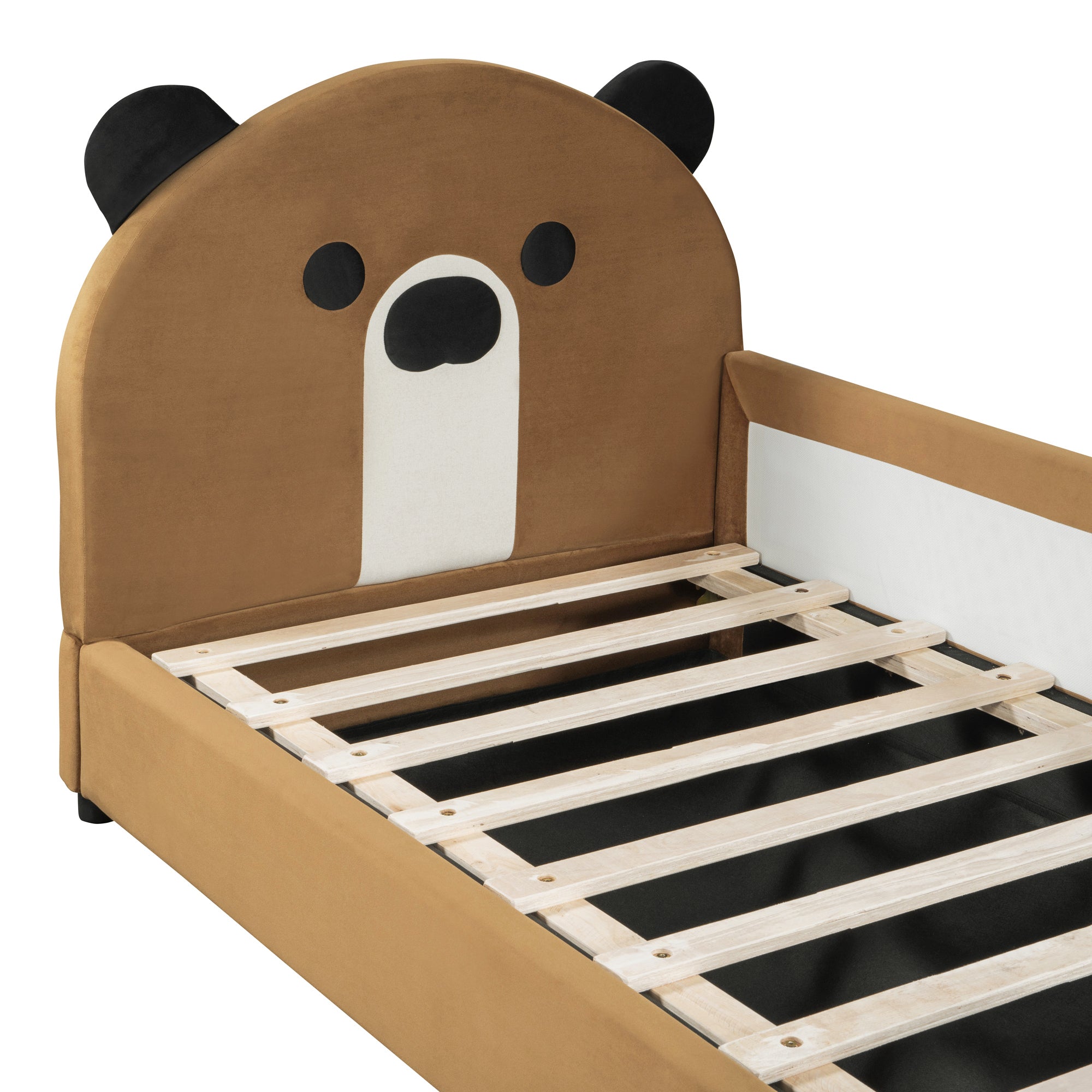 Twin Size Upholstered Daybed with Bear Shaped Headboard, Hydraulic System and Breathable Mesh Fence, Brown - Atlantic Fine Furniture Melbourne FL