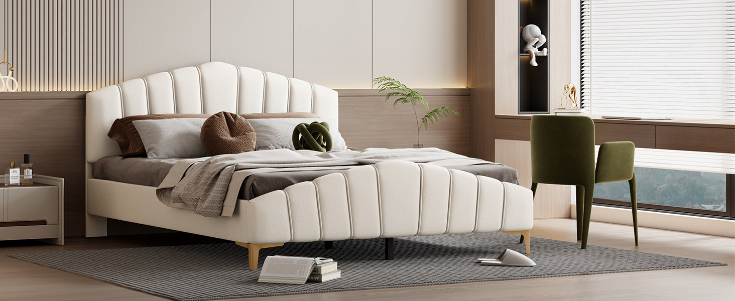 Queen Size Velvet Platform Bed with Thick Fabric, Stylish Stripe Decorated Bedboard and Elegant Metal Bed Leg, Beige - Atlantic Fine Furniture Melbourne FL