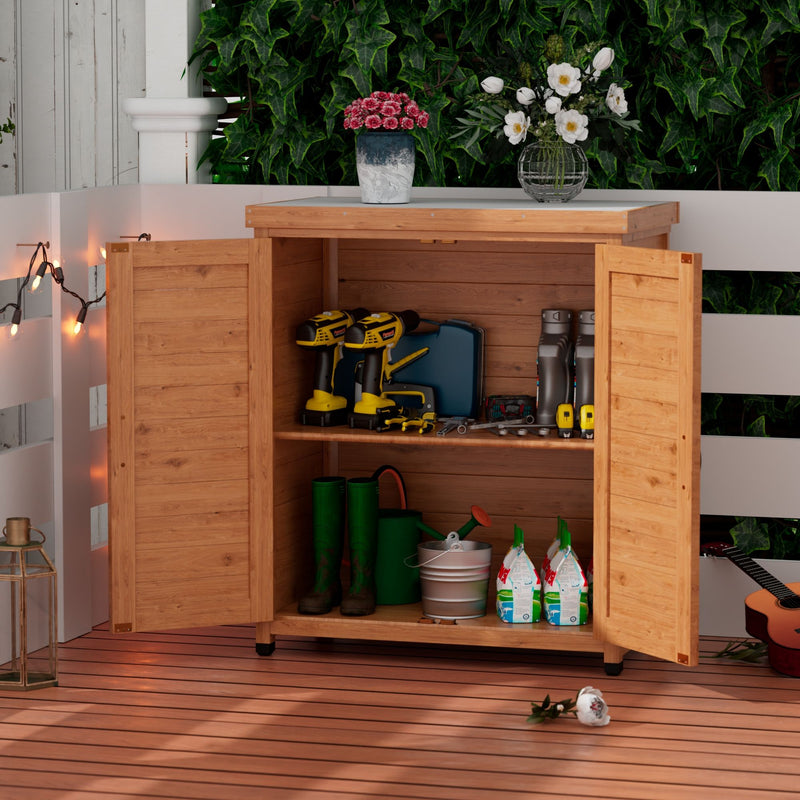 Rustic Cedar Potting Bench With Storage Cabinet And Metal Table Top For Outdoor Patio - Light Brown