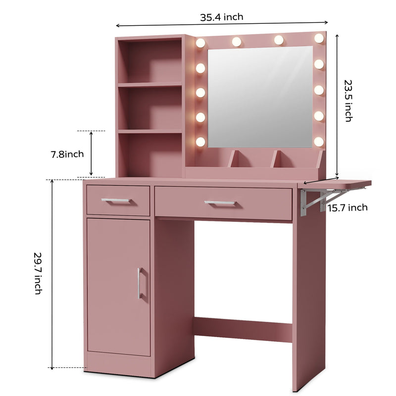 Vanity Desk With Drawers & Mirror With Lights, With Drawers & Cabinet 3 Shelves Lots Storage For Stylish Bedroom