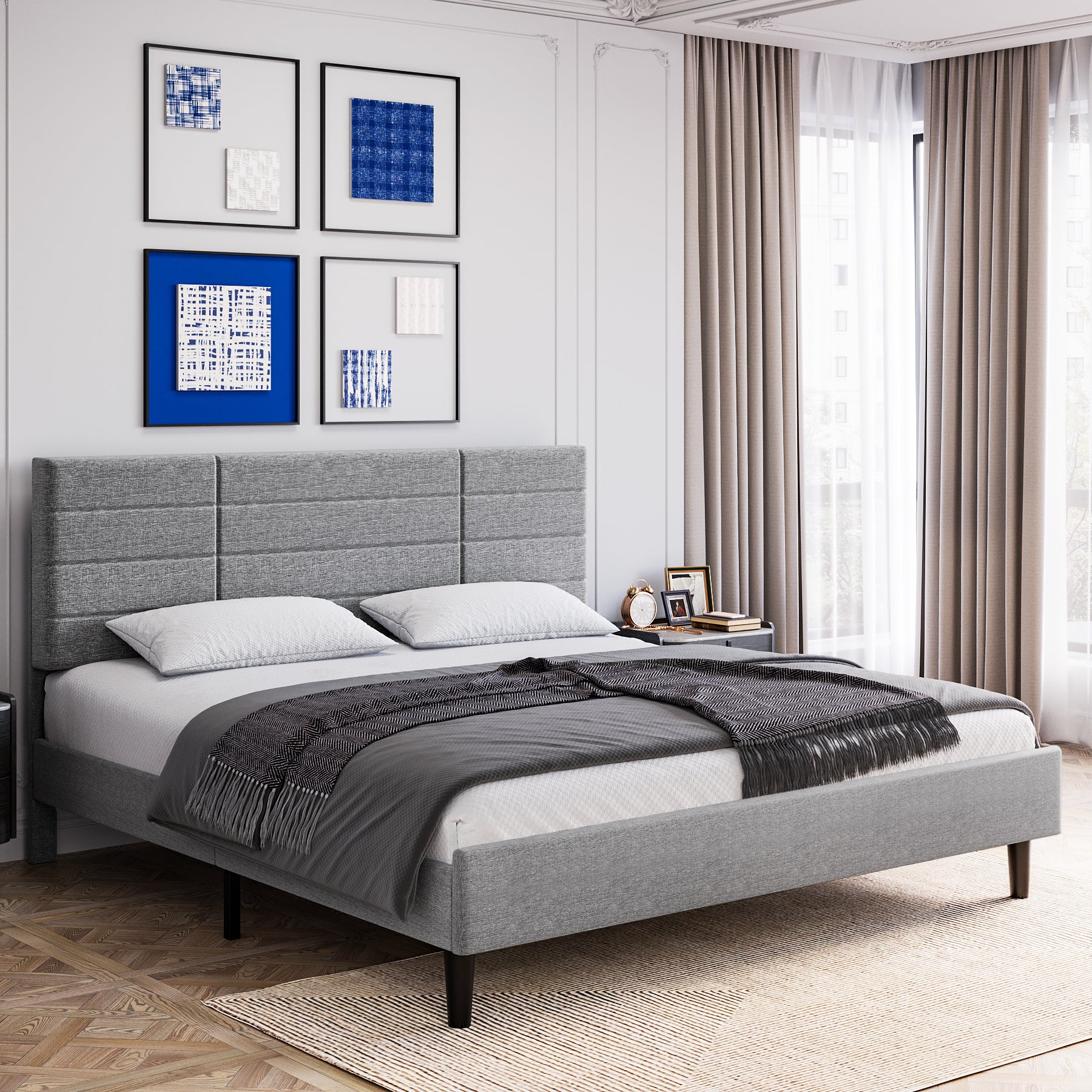 Molblly Full Size Bed Frame with Upholstered Headboard, Strong Frame, and Wooden Slats Support, Non-Slip and Noise-Free, No Box Spring Needed, Easy Assembly, Light Grey - Atlantic Fine Furniture Melbourne FL