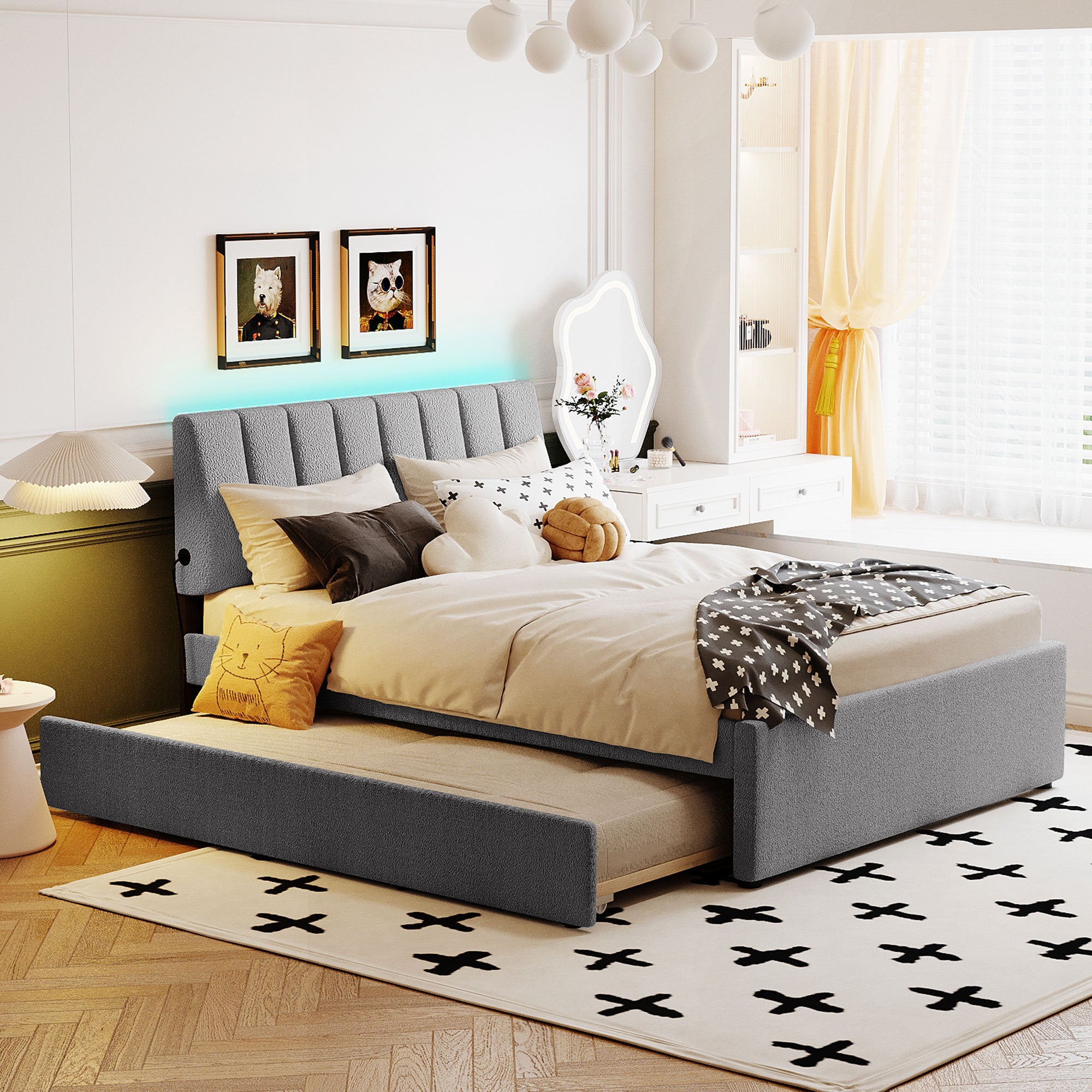 Teddy Fleece Full Size Upholstered Platform Bed with Trundle, Gray - Atlantic Fine Furniture Melbourne FL
