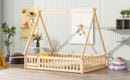 Full Tent-shaped Floor Bed, with Guardrails, Slats, Door ,Natural