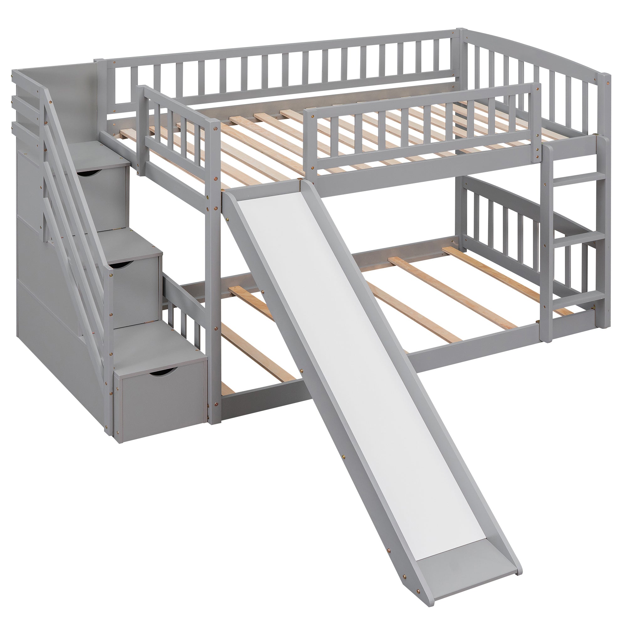 Stairway Twin over Twin Bunk Bed with Two Drawers and Slide, Gray(OLD SKU :LT000155AAE) - Atlantic Fine Furniture Melbourne FL