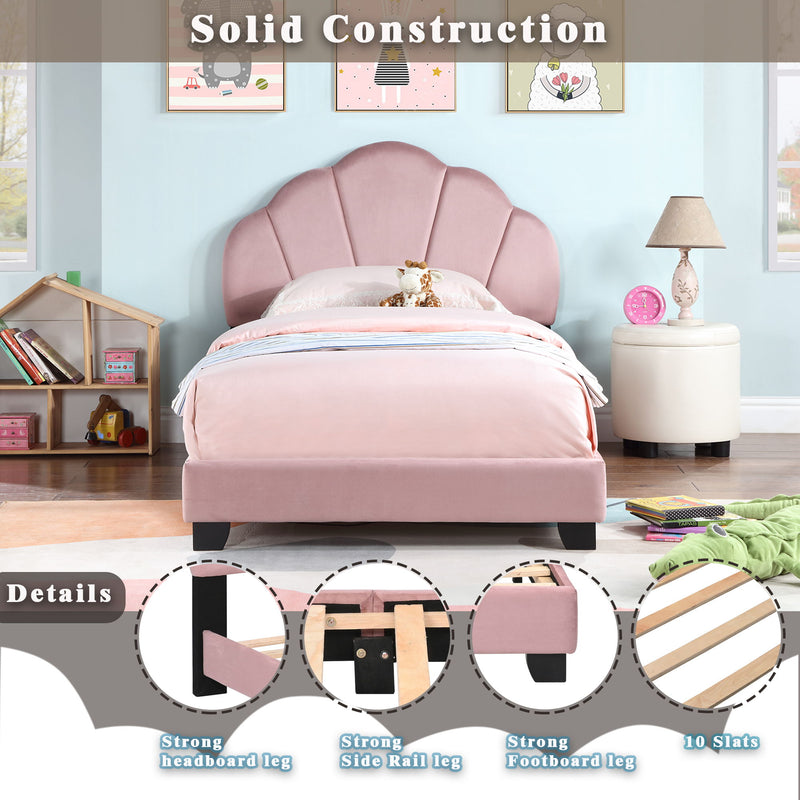 Upholstered Twin Size Platform Bed For Kids Wooden Bed Frame With Slatted Bed Base No Box Spring Needed Cute Bed Frame With Shell Design Headboard - Pink