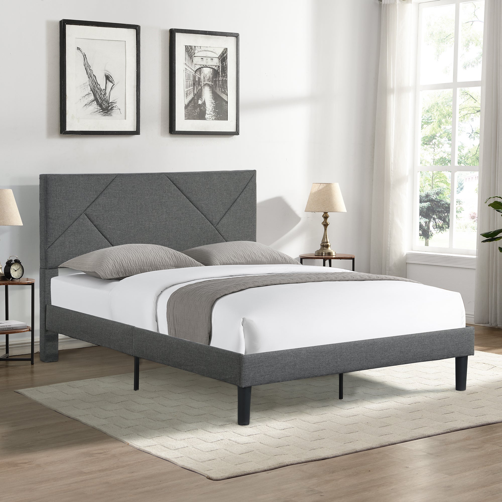 Queen Size Upholstered Platform Bed Frame ,Wood Slat Support, Easy Assembly,Grey - Atlantic Fine Furniture Melbourne FL