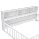 Full Floor Bed with Side Bookcase,Shelves,Guardrails,White