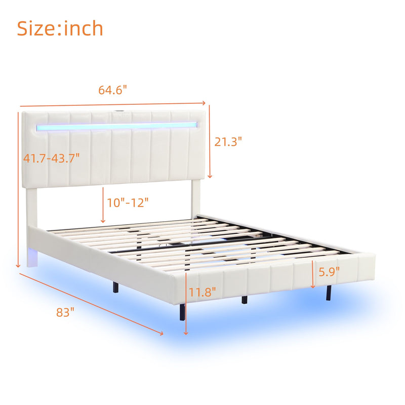 Queen Size Floating Bed Frame With LED Lights And USB Charging, Modern Upholstered Platform LED Bed Frame - White