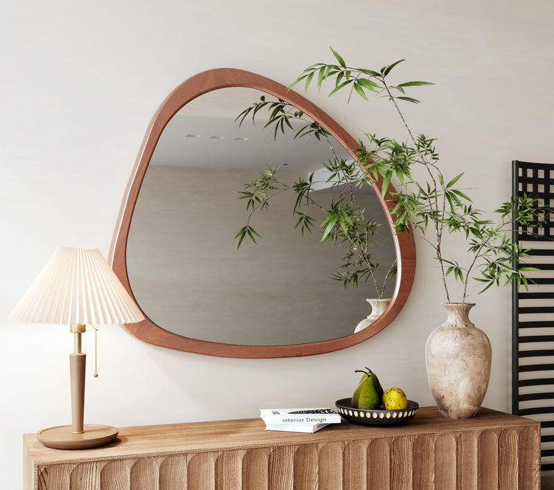 Asymmetrical Wall Mirror Wooden Framed Mirror Large Sized Dressing Mirror, For Living Room, Bedroom, Bathroom, Hallway Or Entry Way - Natural Wood