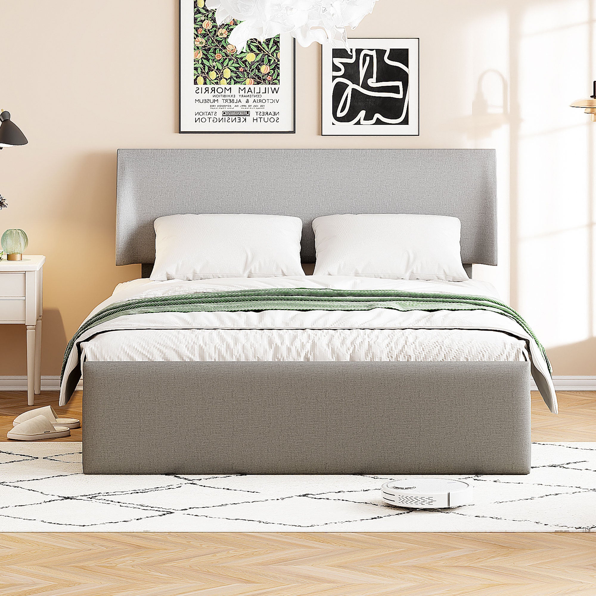 Full Size Sleigh Bed with Side-Tilt Hydraulic Storage System, Linen Upholstery, Gray - Atlantic Fine Furniture Melbourne FL