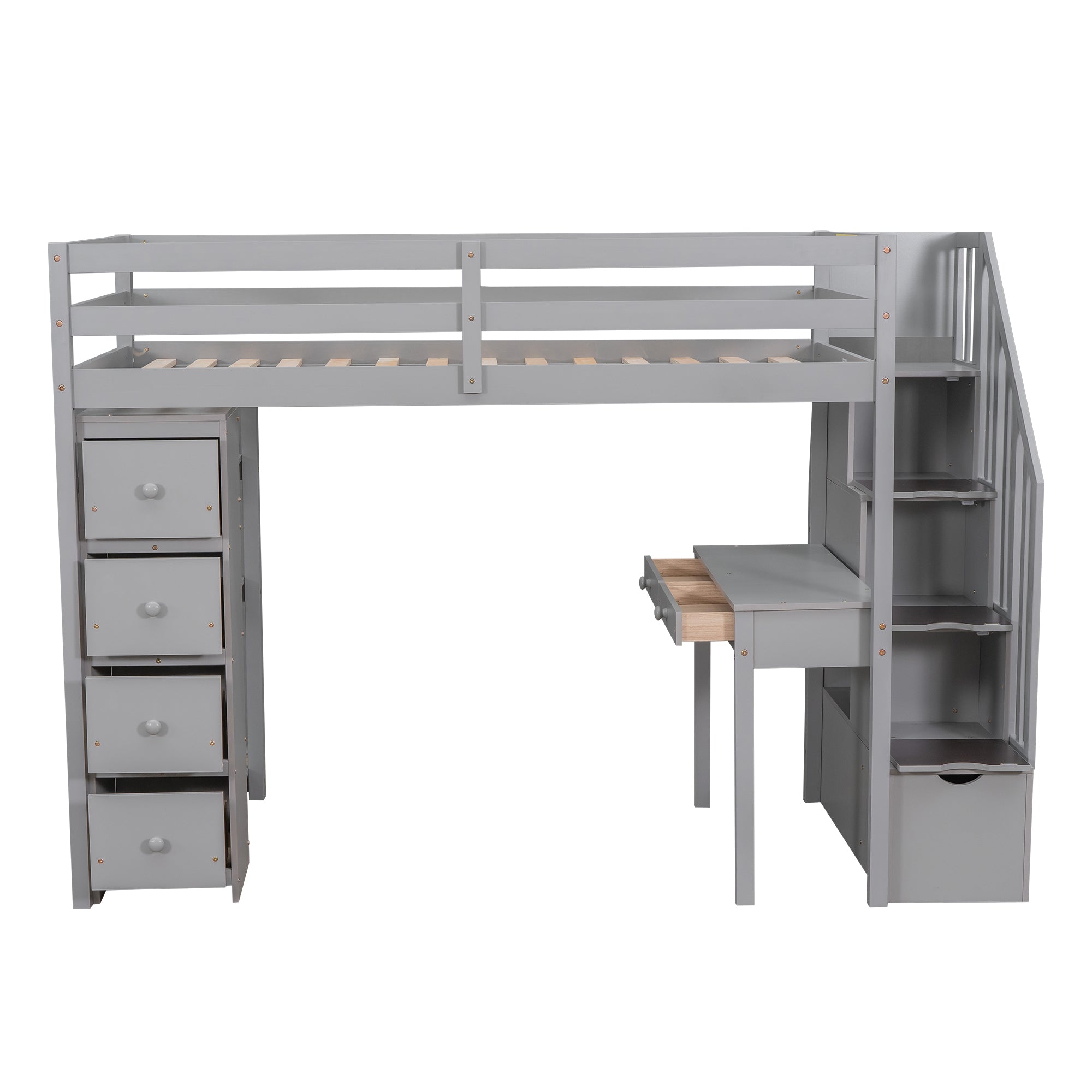 Twin size Loft Bed with Storage Drawers ,Desk and Stairs, Wooden Loft Bed with Shelves - Gray - Atlantic Fine Furniture Melbourne FL