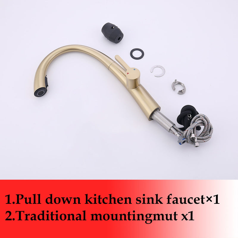 Elegant Single Handle Stainless Steel Pull Out Kitchen Faucet With High Arch Spout - Brushed Gold