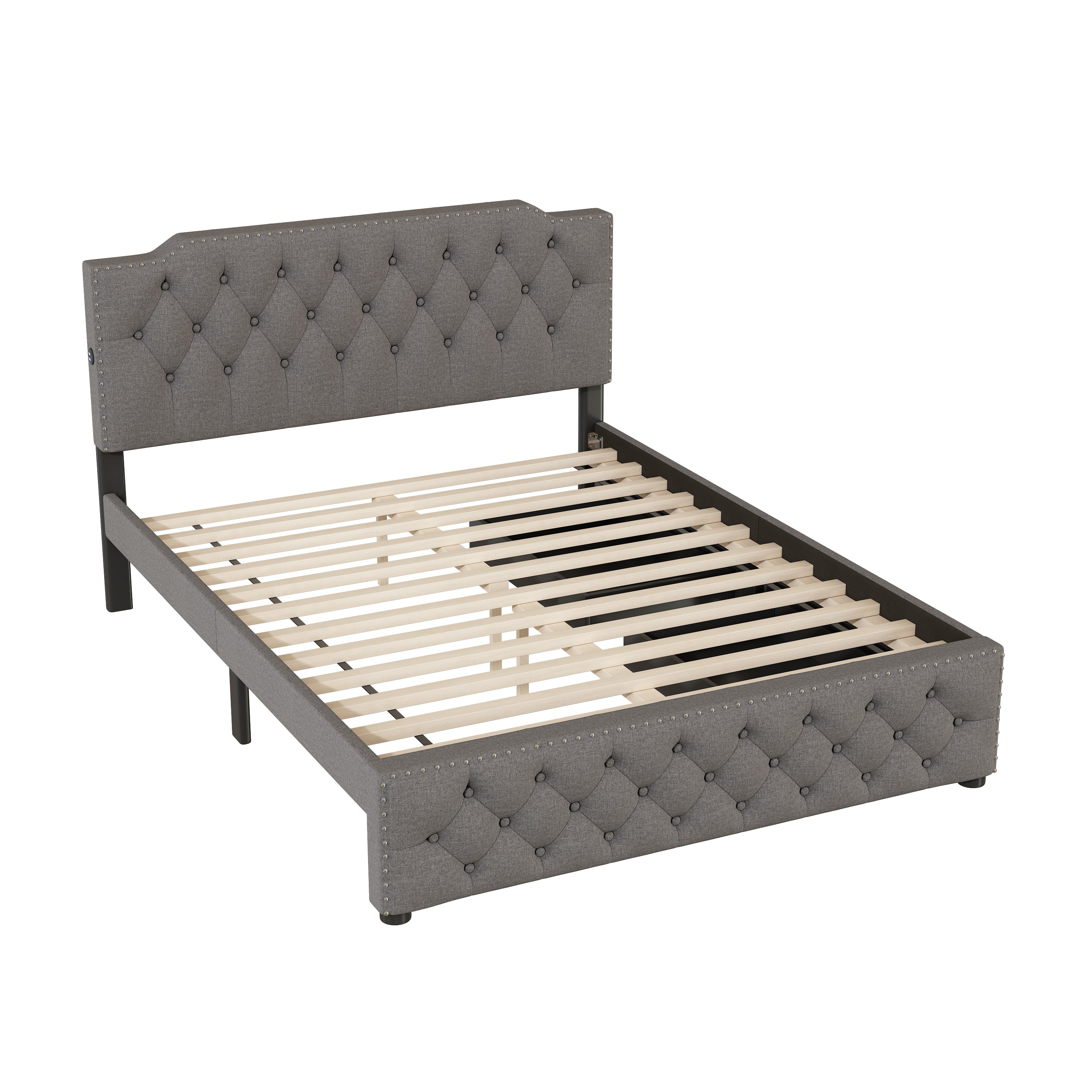 Queen Size Upholstered Platform Bed with 2 Drawers and 2 sets of USB Ports on each side, Linen Fabric, Gray - Atlantic Fine Furniture Melbourne FL