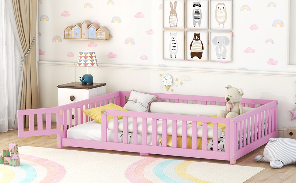 Full Size Bed Floor Bed with Safety Guardrails and Door for Kids, Pink