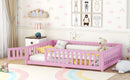 Full Size Bed Floor Bed with Safety Guardrails and Door for Kids, Pink