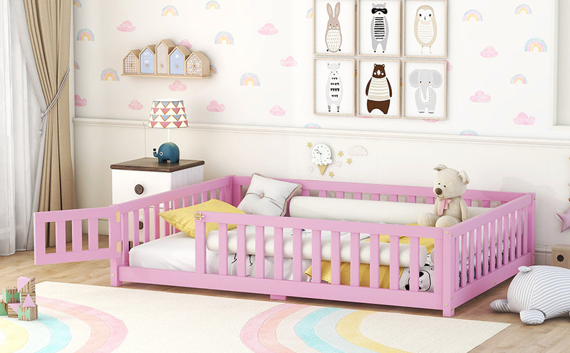 Full Size Bed Floor Bed with Safety Guardrails and Door for Kids, Pink