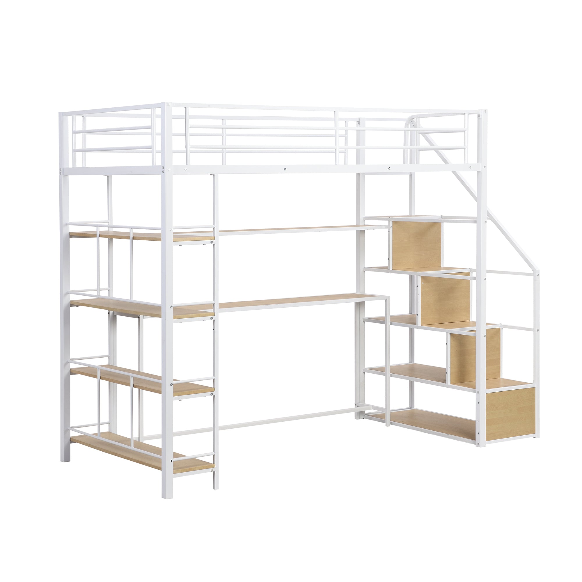 Twin Size Metal Loft bed with Staircase, Built-in Desk and Storage Shelves, White - Atlantic Fine Furniture Melbourne FL