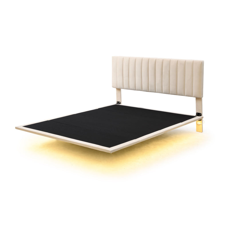 Upholstered Bed With Sensor Light And Headboard, Floating Velvet Platform Bed