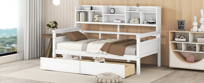 Daybed, Wood Slat Support, With Bedside Shelves And Two Drawers