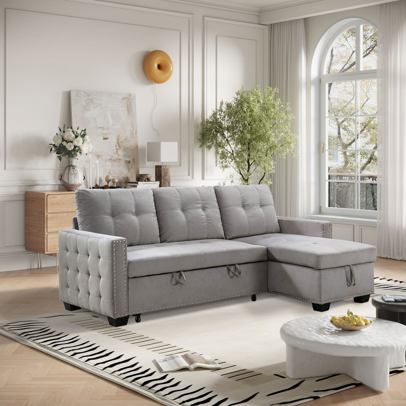 Reversible Sectional Storage Sleeper Sofa Bed, L-Shape 2 Seat Sectional Chaise With Storage, Skin-Feeling Velvet Fabric