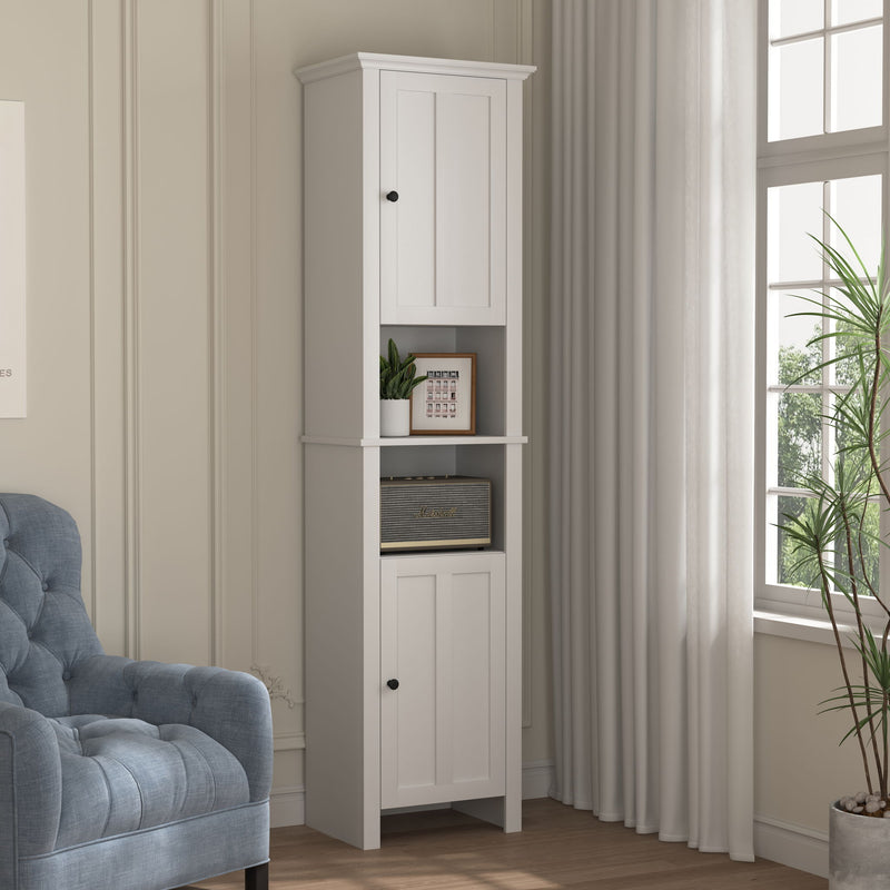 Wooden Bathroom Floor Storage Cabinet With 2 Doors And 6 Shelves - White