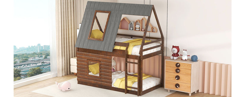 Wood Twin Size House Bunk Bed With Roof, Ladder And 2 Windows - Oak & Smoky Gray