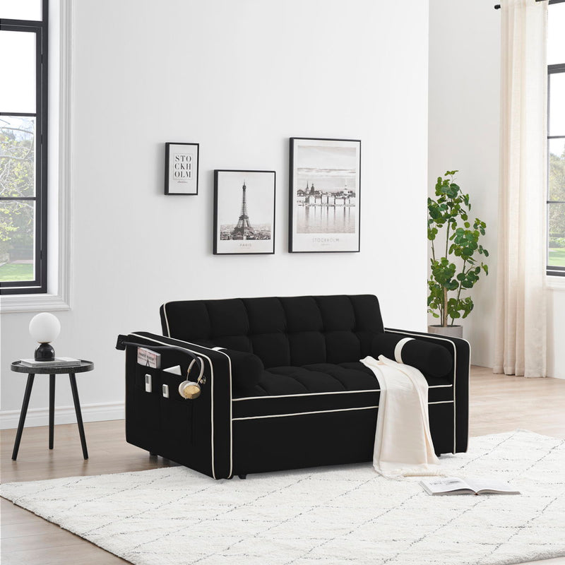 Modern Convertible Sleeper Sofa Couch With Pull Out Bed With Pillows & Side Pockets For Small Space, Living Room