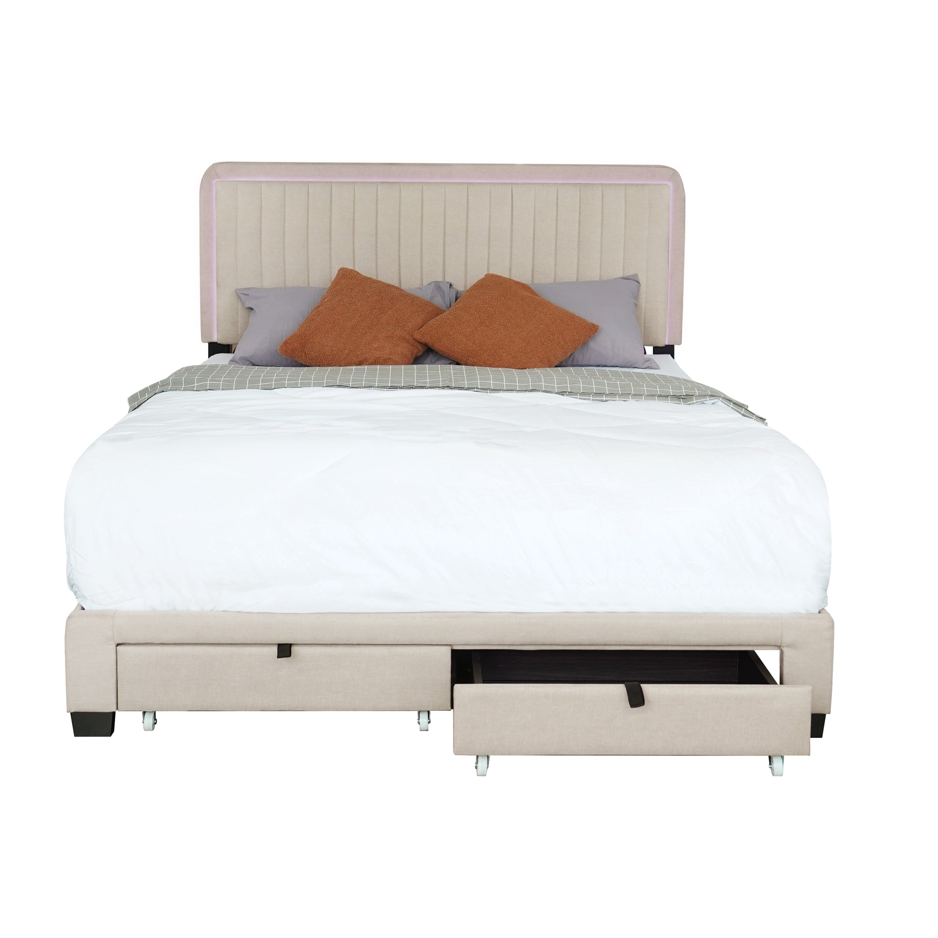 QUEEN SIZE UPHOLSTERED BED WITH ADJUSTABLE HEIGHT / MATTRESS 10 TO 14 INCHES / LED DESIGN WITH FOOTBOARD DRAWERS STORAGE / NO BOX SPRING REQUIRED BEIGE - Atlantic Fine Furniture Melbourne FL