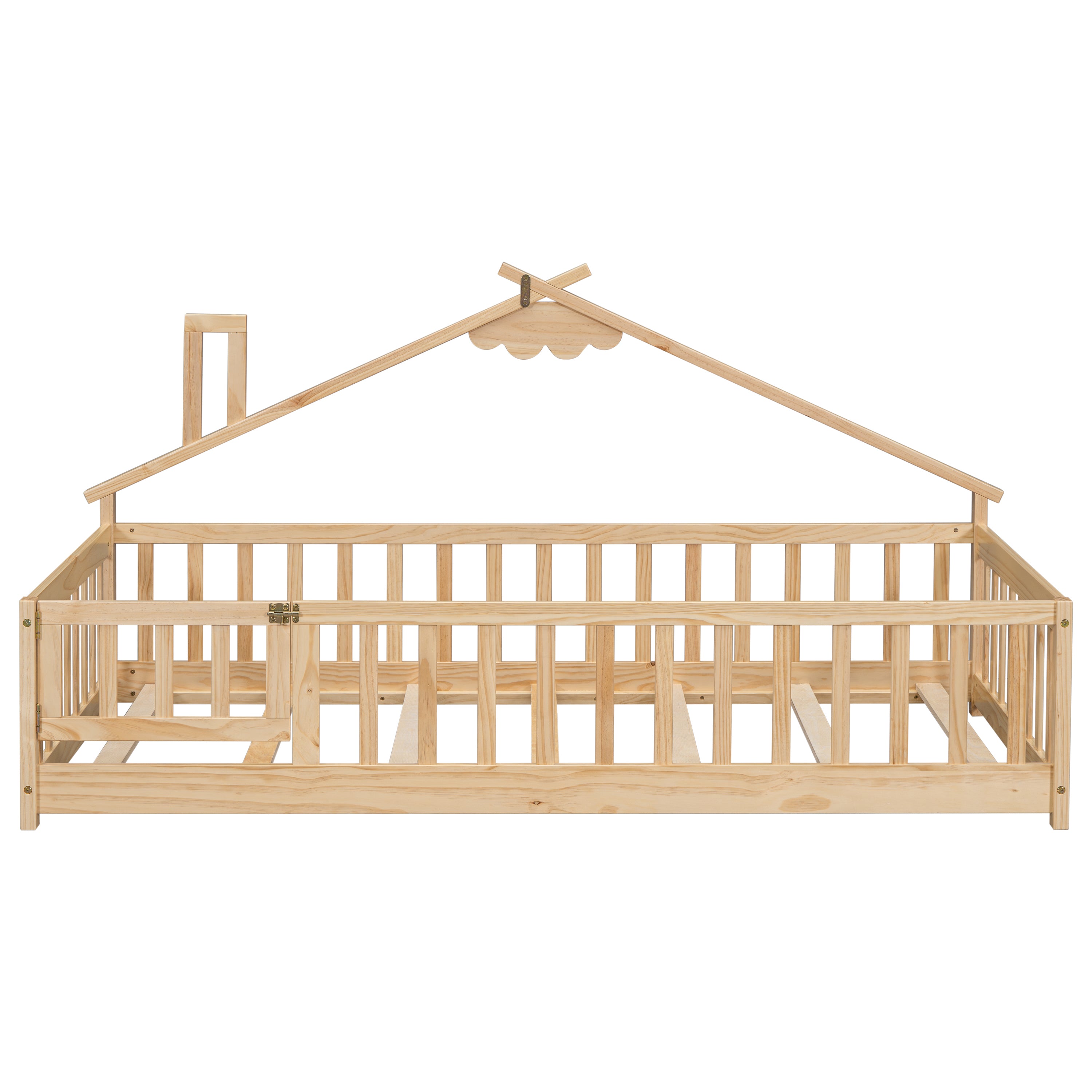 Twin House-Shaped Bedside Floor Bed with Guardrails, Slats, with Door,Natural