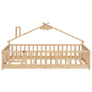 Twin House-Shaped Bedside Floor Bed with Guardrails, Slats, with Door,Natural