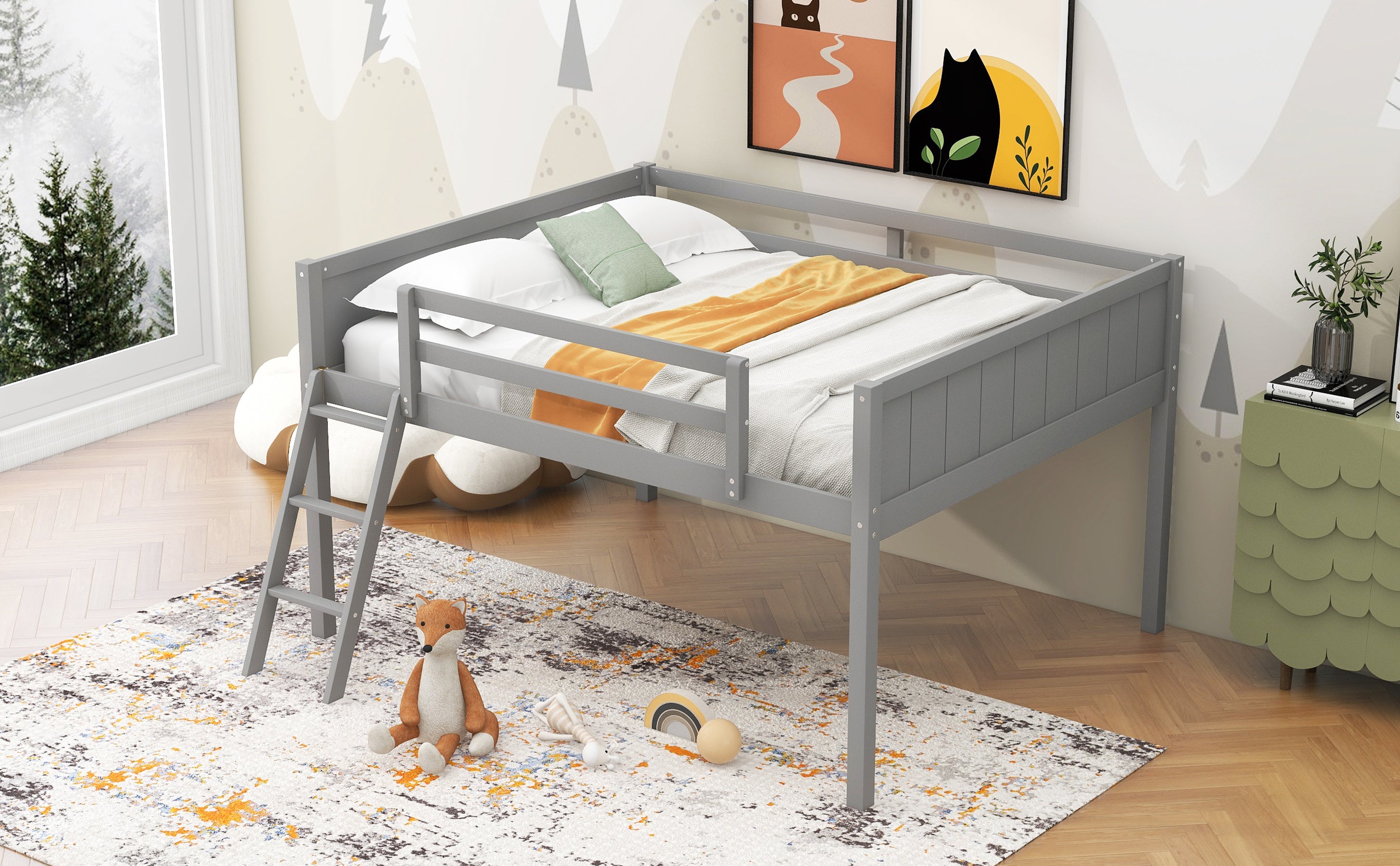 Full Size Wood Loft Bed with Ladder, ladder can be placed on the left or right, Gray - Atlantic Fine Furniture Melbourne FL
