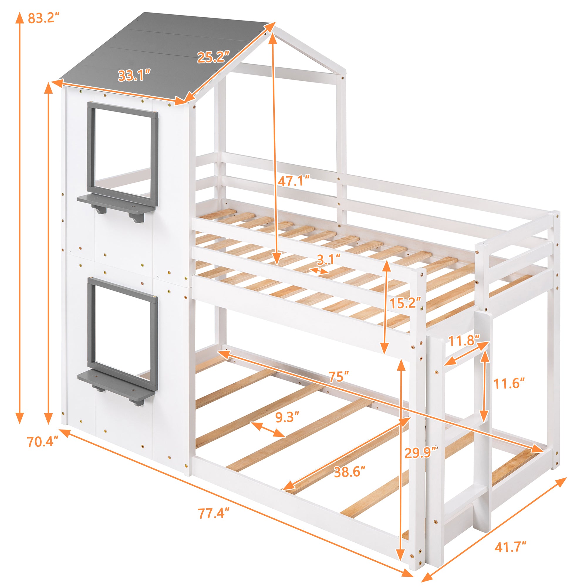 Twin Over Twin Bunk Bed Wood Bed with Roof, Window, Guardrail, Ladder (White)(OLD SKU :LP000056AAK) - Atlantic Fine Furniture Melbourne FL