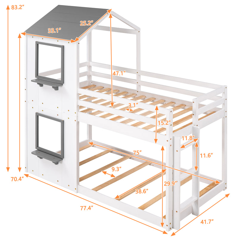 Twin Over Twin Bunk Bed Wood Bed with Roof, Window, Guardrail, Ladder (White)(OLD SKU :LP000056AAK)