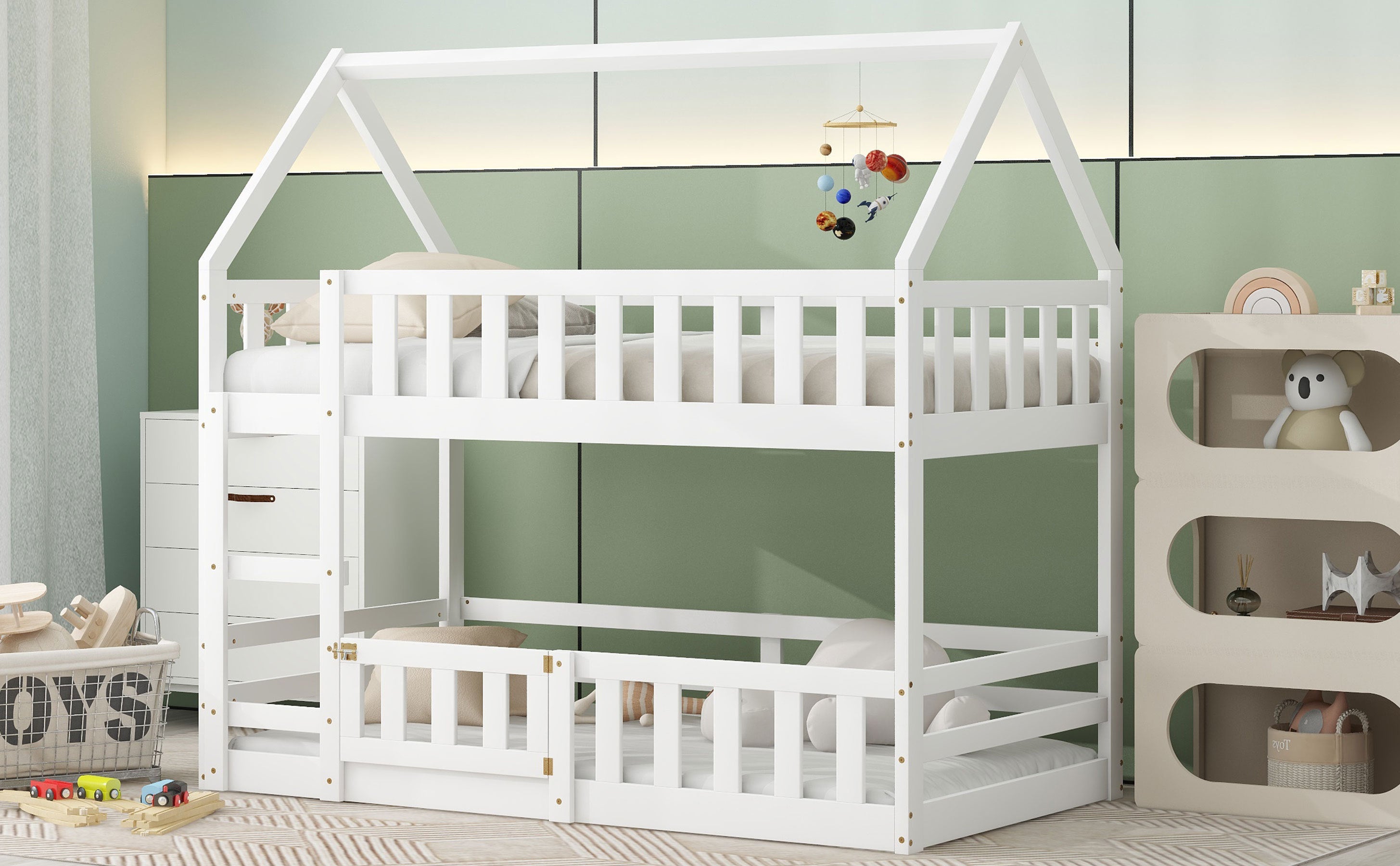 Twin over Twin House Bunk Bed with Fence and Door, White - Atlantic Fine Furniture Melbourne FL