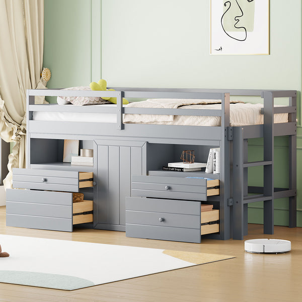 Loft Bed With 4 Drawers, Underneath Cabinet And Shelves