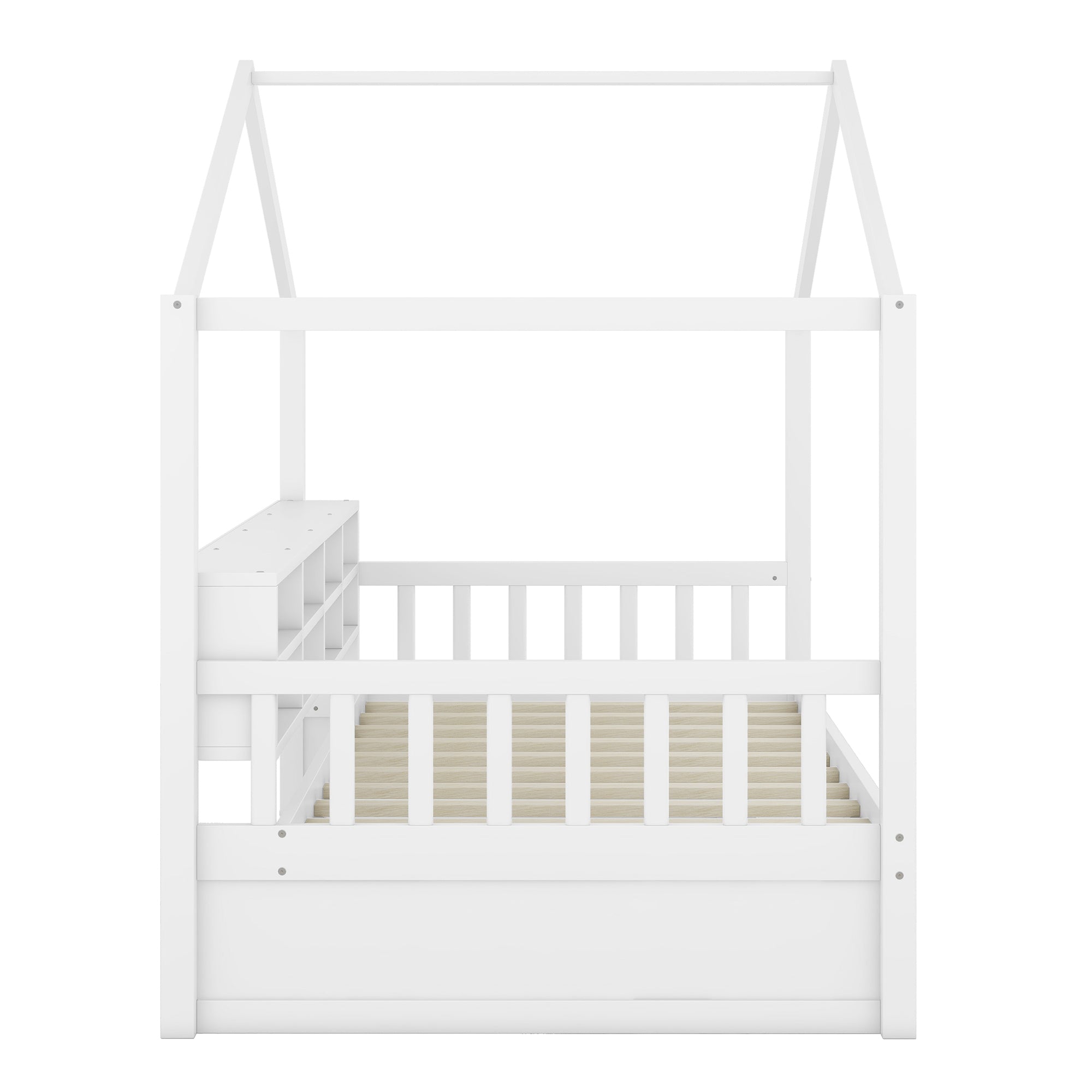 Twin Size Wooden House Bed with Shelves and a Mini-cabinet, White - Atlantic Fine Furniture Melbourne FL
