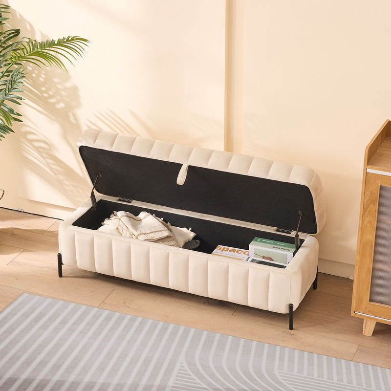 Wide Upholstered Velvet Storage Soft Bench Ottoman With Metal Legs