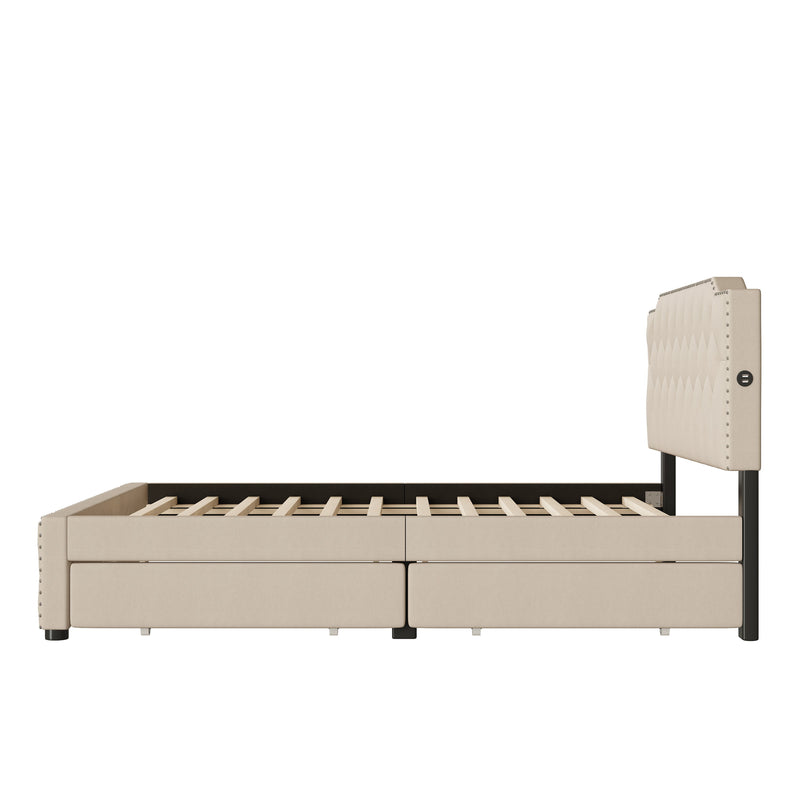 Upholstered Platform Bed With 2 Drawers And 2 Sets Of USB Ports On Each Side, Linen Fabric