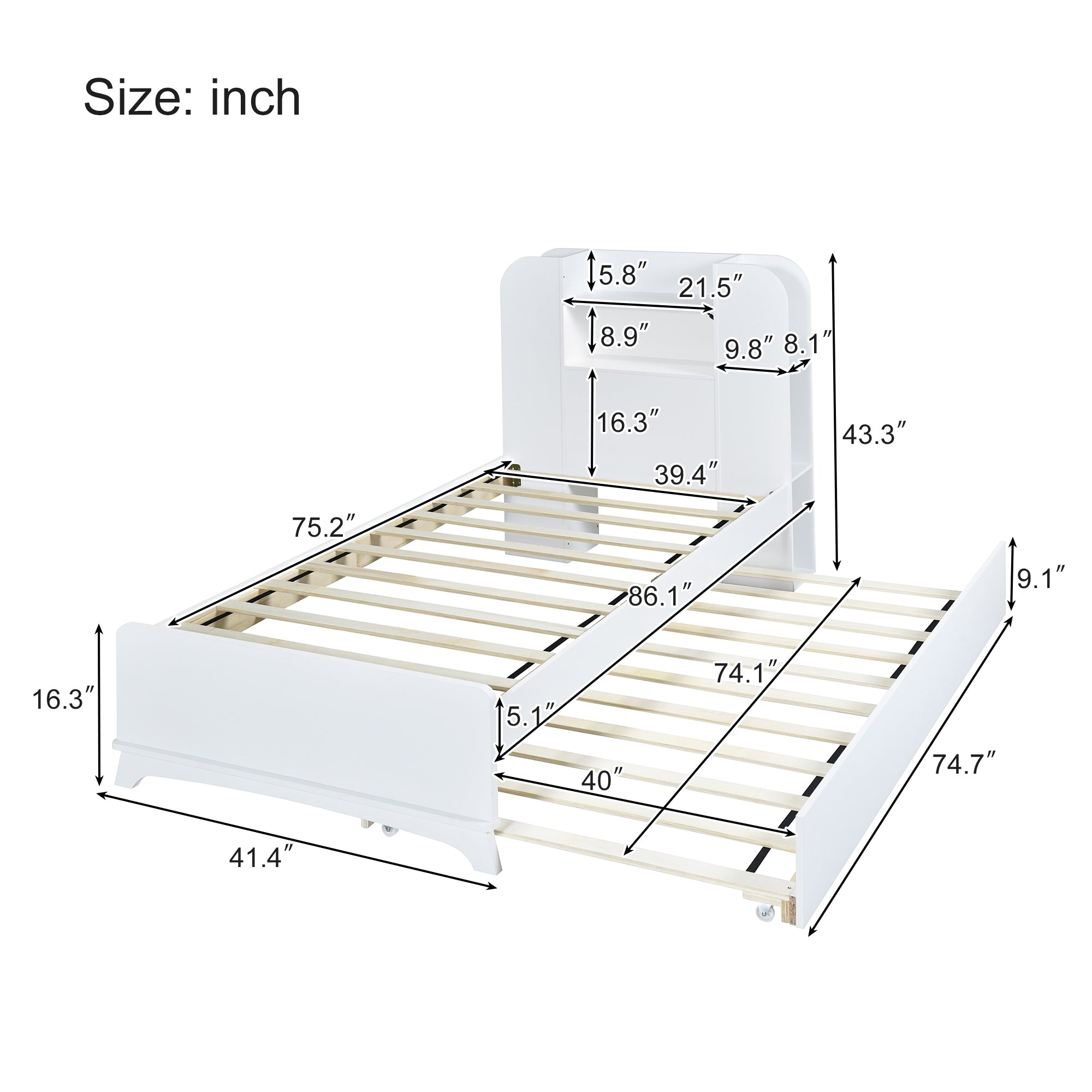 Twin Size Storage Platform Bed Frame with with Trundle and Light Strip Design in Headboard,White - Atlantic Fine Furniture Melbourne FL